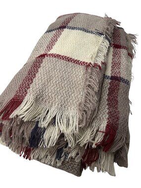 Funky Monkey Oversized Plaid Blanket Scarf Fringed Shawl Beige Burgundy Navy